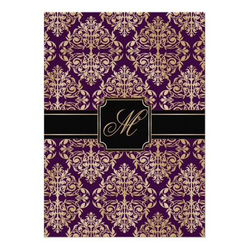 Elegant Gold Flourish Damask Eggplant Invitations