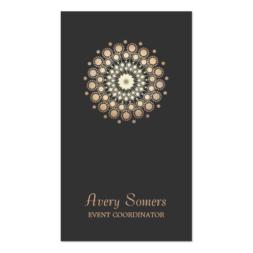 Elegant Gold Flower Motif Event Planner Black Business Cards (front side)