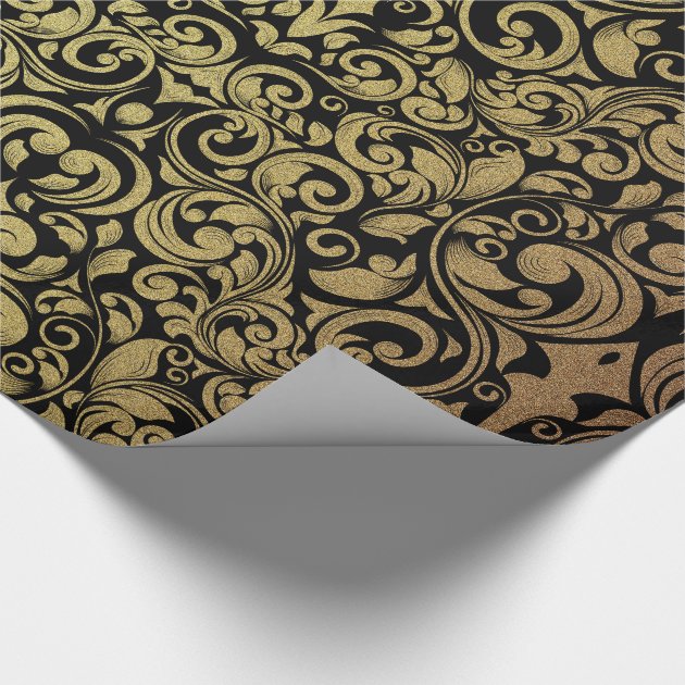 Elegant Gold Glitter Royal Black Damask Wrapping Paper 4/4