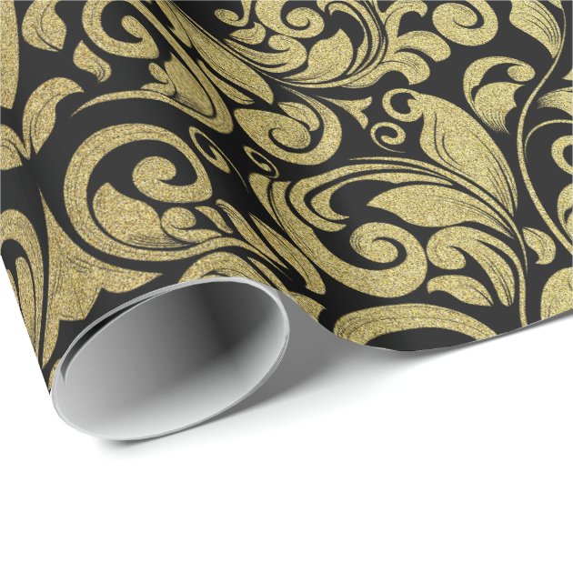 Elegant Gold Glitter Royal Black Damask Wrapping Paper