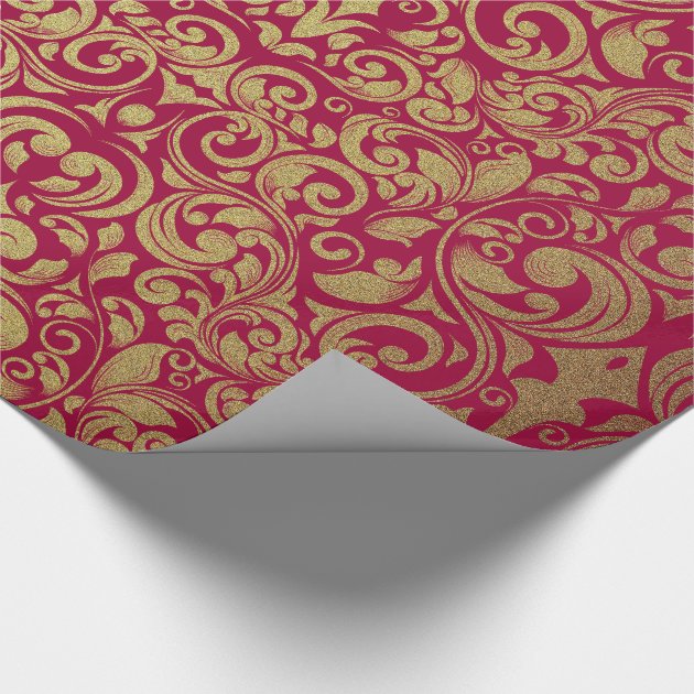 Elegant Gold Glitter Royal Red Damask Wrapping Paper 4/4