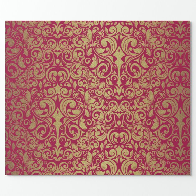 Elegant Gold Glitter Royal Red Damask Wrapping Paper