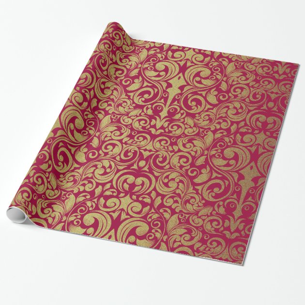 Elegant Gold Glitter Royal Red Damask Wrapping Paper