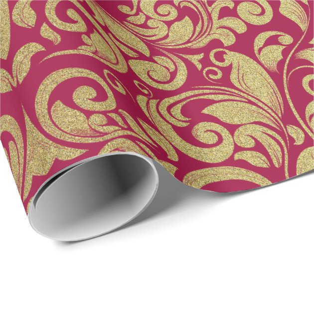 Elegant Gold Glitter Royal Red Damask Wrapping Paper-2