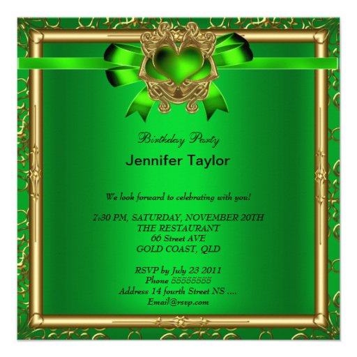 Elegant Gold Green Lime Jewel Birthday Party Custom Invite