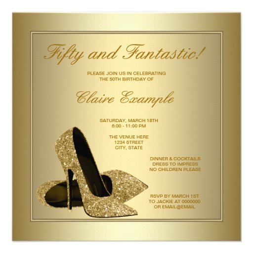Elegant Gold High Heels Womans Gold 50th Birthday Invitations (front side)