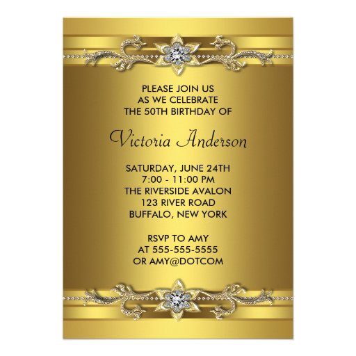 Elegant Gold Jewel Womans Gold 50th Birthday Personalized Invites