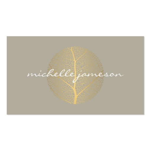 Elegant Gold Leaf Logo on Tan Business Card Templates (front side)
