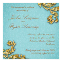 Elegant Gold Leaf Wedding Invite Floral Blue