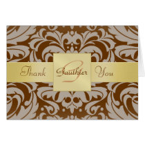 Elegant Gold Monogram Brown Damask Thank You Card