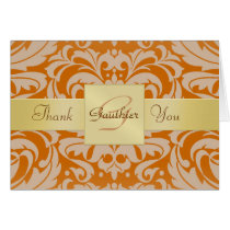 Elegant Gold Monogram Orange Damask Thank You Card