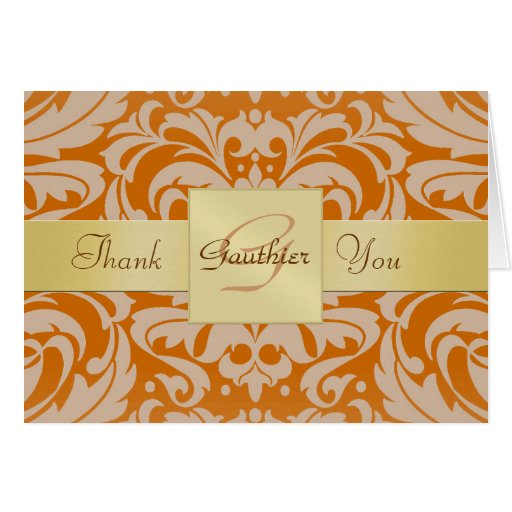 Elegant Gold Monogram Orange Damask Thank You Card