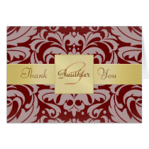 Elegant Gold Monogram Red Damask Thank You Card