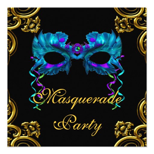 Elegant Gold Navy Blue Masquerade Party Invitation