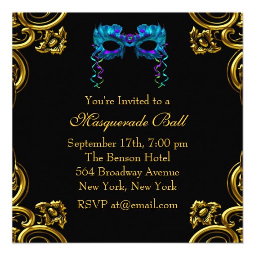 Elegant Gold Navy Blue Masquerade Party Invitation