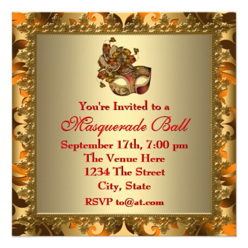 Elegant Gold Orange Red Masquerade Party Personalized Invitations