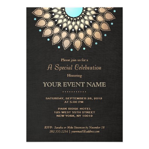 Elegant Gold Ornate Motif Black Linen Look Formal Personalized Invitations (front side)