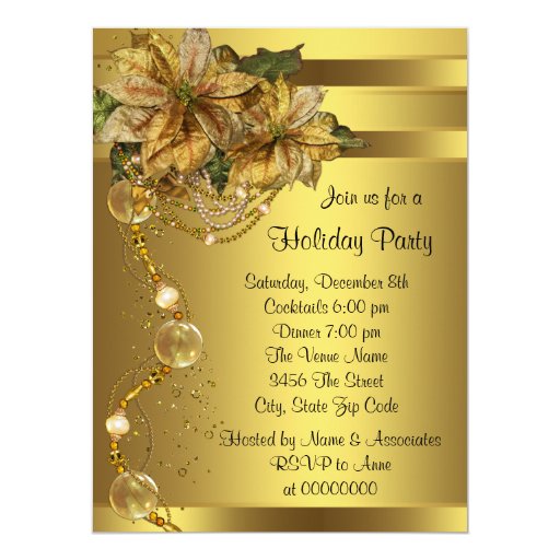 Elegant Gold Poinsettia Black Gold Christmas Party Personalized Announcement (front side)