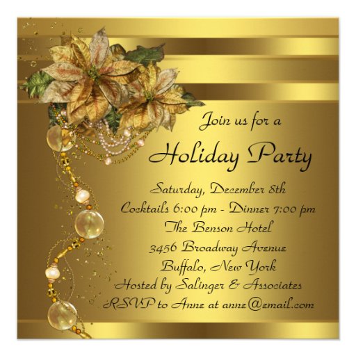 Elegant Gold Poinsettia Black Gold Christmas Party Personalized Invites (front side)
