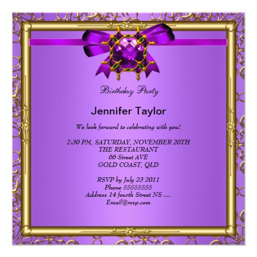 Elegant Gold Purple Mauve Jewel Birthday Party Custom Invite