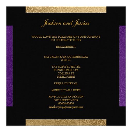 Elegant Gold Purple Paisley Engagement Party Personalized Announcements