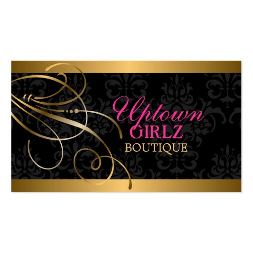 Elegant Gold Swirls and Damask Business Card (front side)