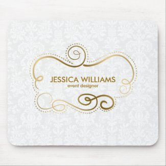 Elegant Gold Swirls Frame On White Damasks Mouse Pad
