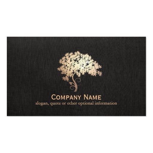 Elegant Gold Tree Faux Black Linen Business Card (front side)