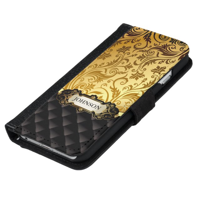 Elegant Gold Vintage Shadow Damask Black Diamond iPhone 6 Wallet Case-5