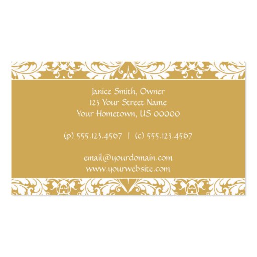 Elegant Gold White Damask Business Card (back side)