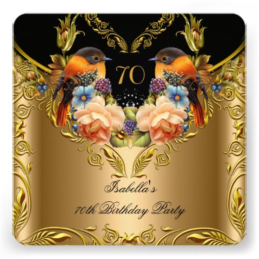 Elegant Gold Yellow Bird Black 70th Birthday Personalized Invitations