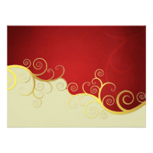 Elegant golden swirls on red and cream personalized invitations