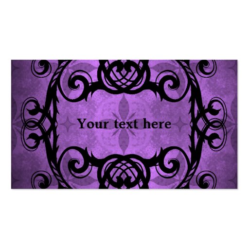 Elegant gothic damask purple and black decor business cards (back side)