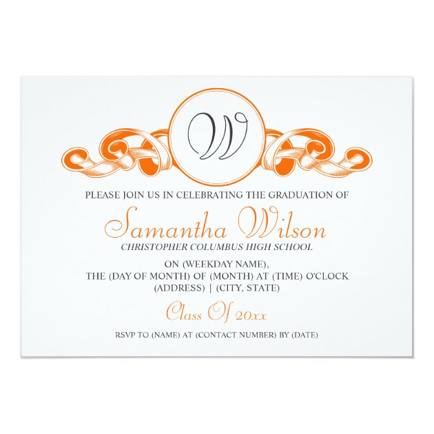 Elegant Graduation Monogram Ribbon Orange 5x7 Paper Invitation Card