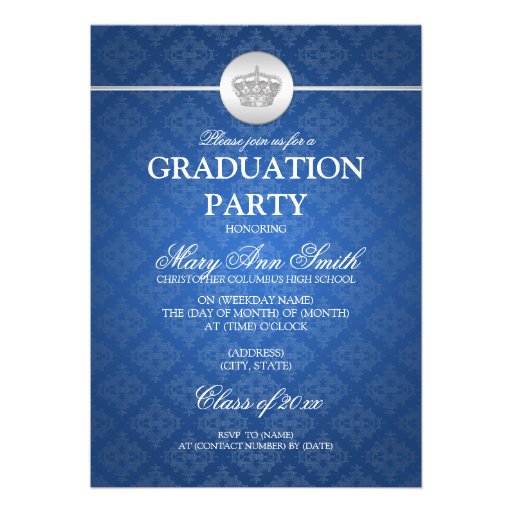 Elegant Graduation Party Classy Crown Blue Custom Announcements (front side)