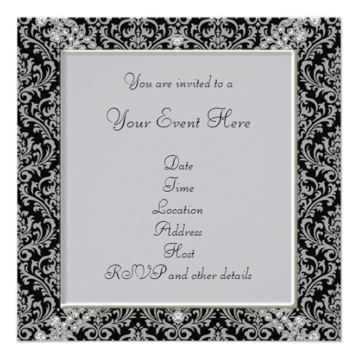 Elegant Gray and Black Damask Party Personalized Invitation