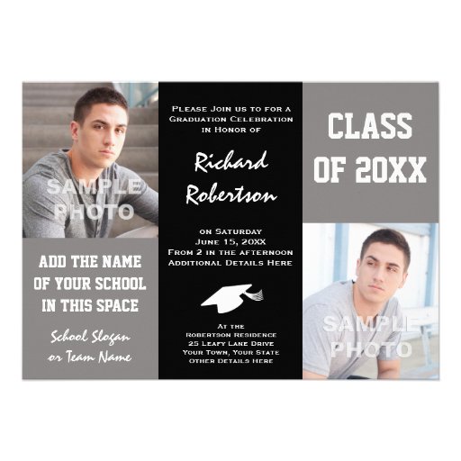 Elegant Gray and Black Young Man's Graduation Custom Invites (front side)
