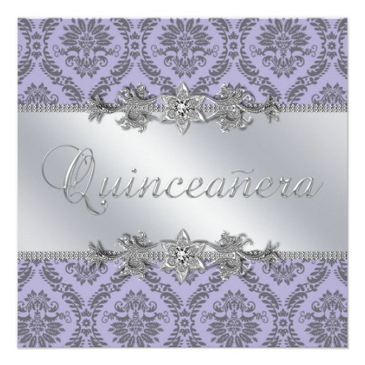Elegant Gray and Purple Damask Quinceanera Announcements (front side)