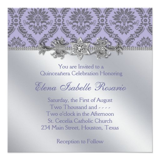 Elegant Gray and Purple Damask Quinceanera Announcements