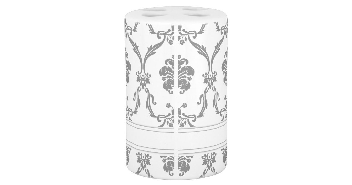 Elegant Gray Damask Pattern Customizable Soap Dispenser & Toothbrush