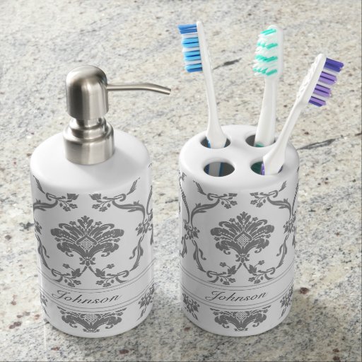 Elegant Gray Damask Pattern Customizable Soap Dispenser & Toothbrush