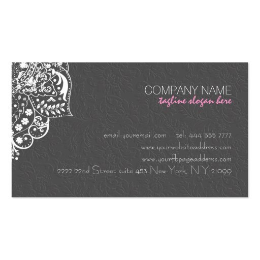 Elegant Gray Damasks White Vintage Lace 2 Business Card Templates (back side)