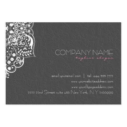 Elegant Gray Damasks White Vintage Lace Business Card Template (back side)