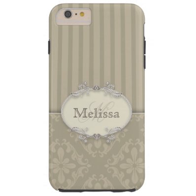 Elegant Gray Stripes and Damask Monogram Tough iPhone 6 Plus Case