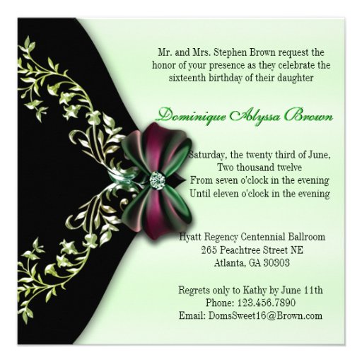 Elegant Green and Black Invite with Diamond Bow