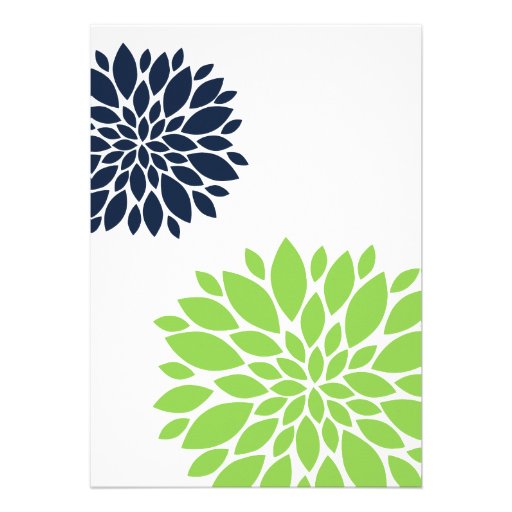 Elegant Green and Navy Blue Floral Burst Wedding Personalized Invitations
