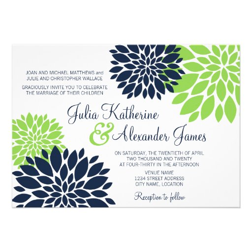 Elegant Green and Navy Blue Floral Burst Wedding Personalized Invitations