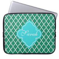 Elegant green and teal quatrefoil monogram laptop sleeves