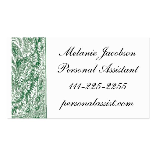 Elegant Green Brocade border business card (front side)