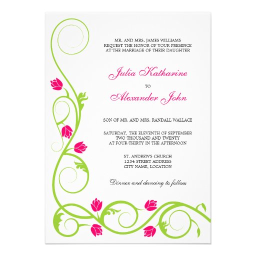 Elegant Green Fuchsia Swirls Wedding Invitation